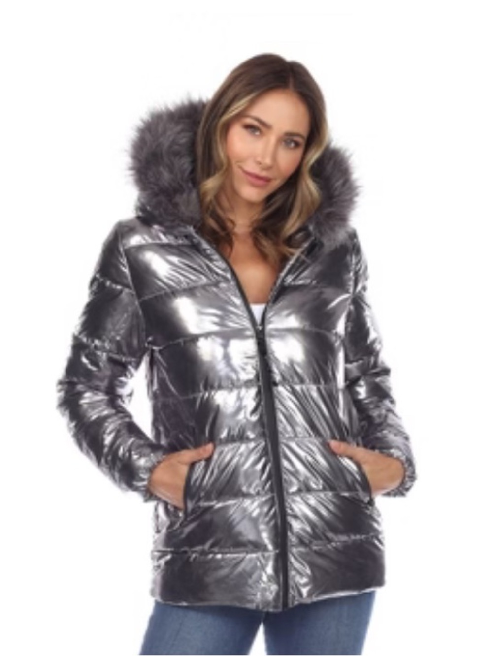 Metallic (GREY) Trending Shiny Puffer Coat with Removable Faux-Fur Hood